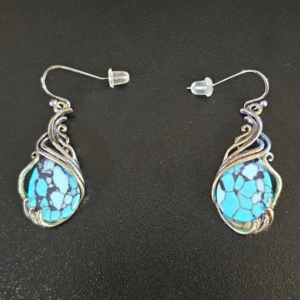 Handcrafted Silver Plated Wire Wrap Oval Turquoise Hook Dangle Earrings Boho